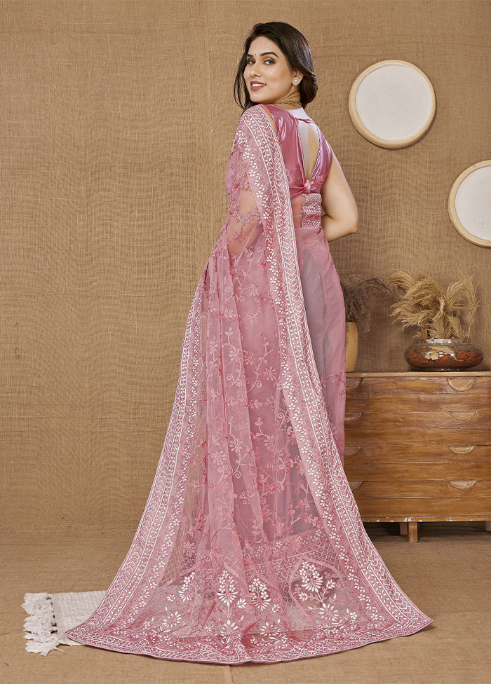 Pink Net Net Saree With Blouse Piece