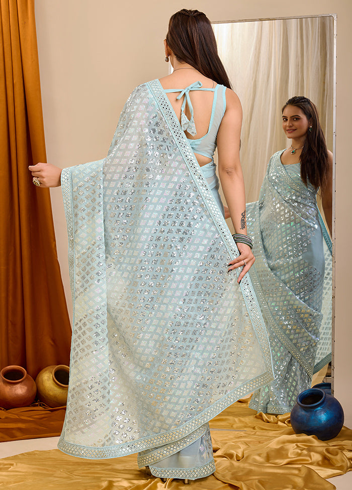 Sky Blue Georgette Saree With Blouse Piece