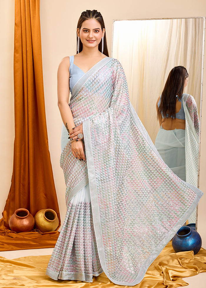 Aqua Georgette Saree With Blouse Piece