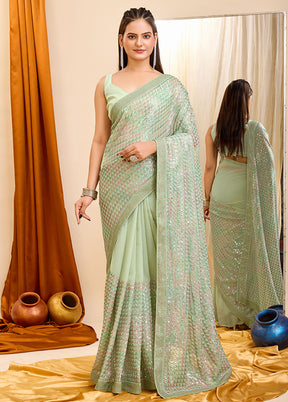 Pista Green Georgette Saree With Blouse Piece