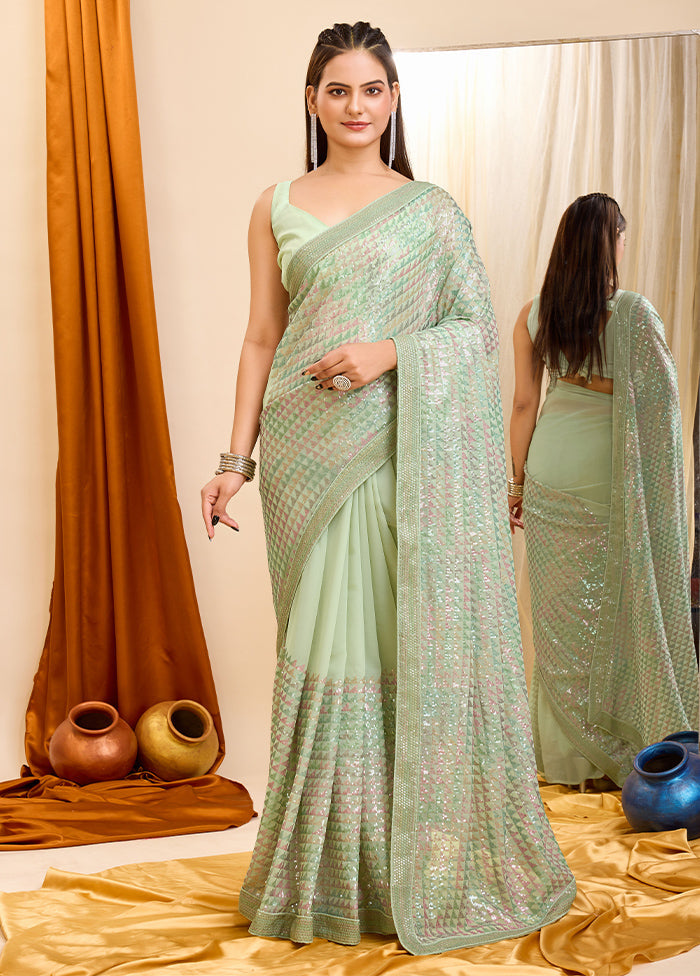 Pista Green Georgette Saree With Blouse Piece