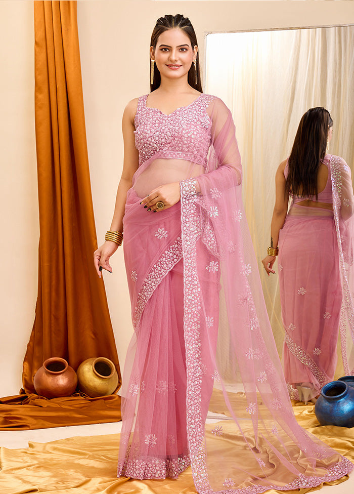 Pink Net Net Saree With Blouse Piece
