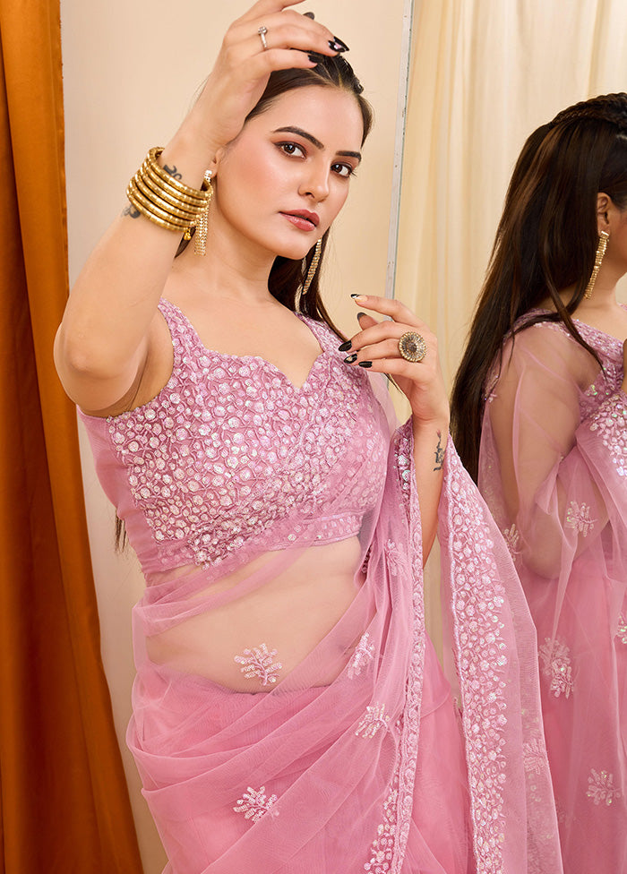 Pink Net Net Saree With Blouse Piece