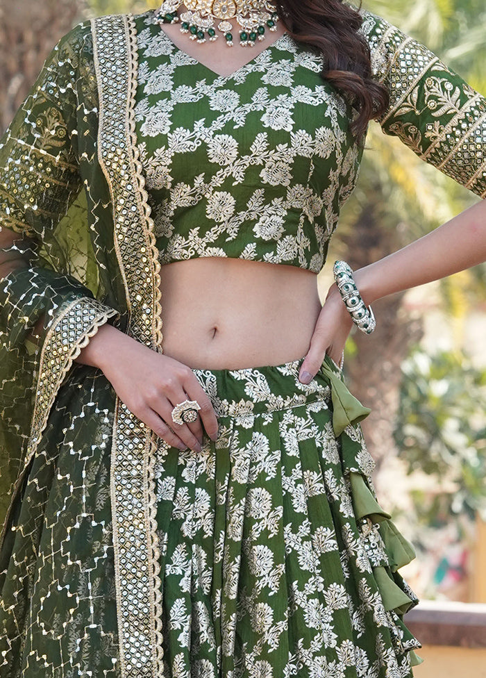 3 Pc Mehendi Viscose Semi Stitched Lehenga Set