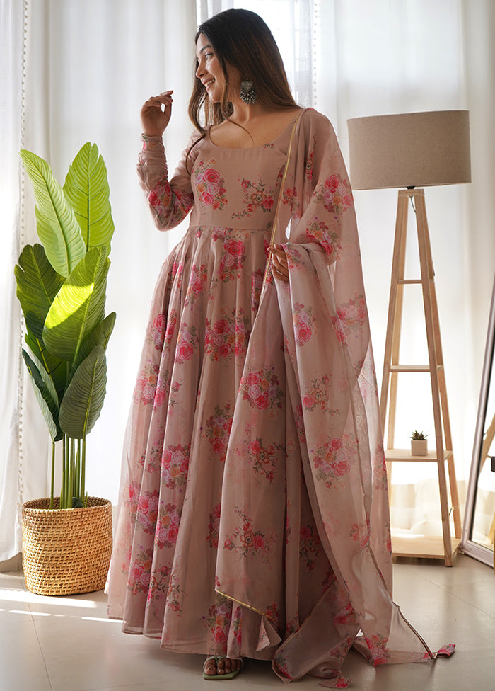 Peach Readymade Pure Net Anarkali Gown