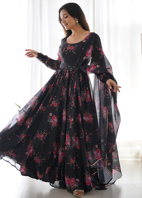 Black Readymade Pure Net Anarkali Gown