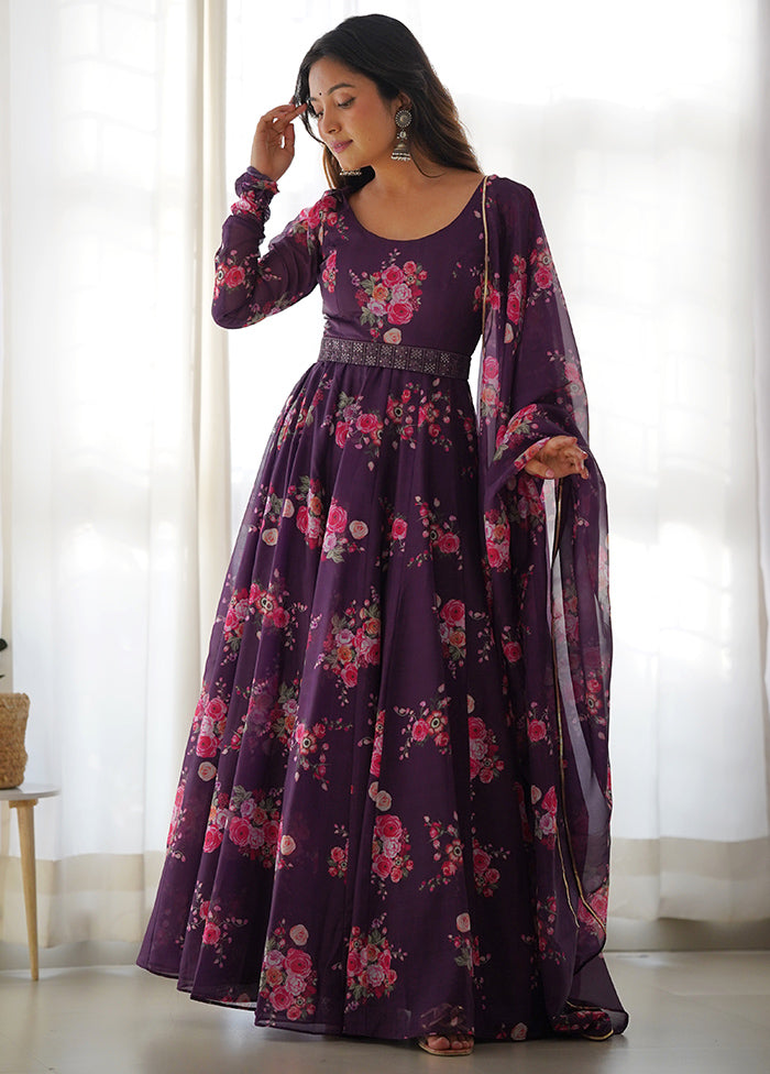 Wine Readymade Pure Net Anarkali Gown