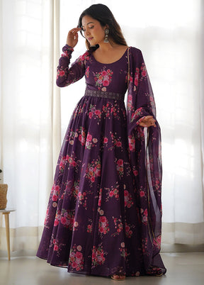 Wine Readymade Pure Net Anarkali Gown