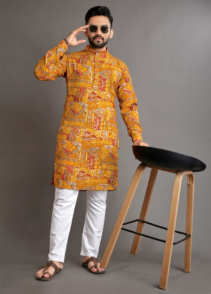 Yellow Cotton Kurta And Pajama Set