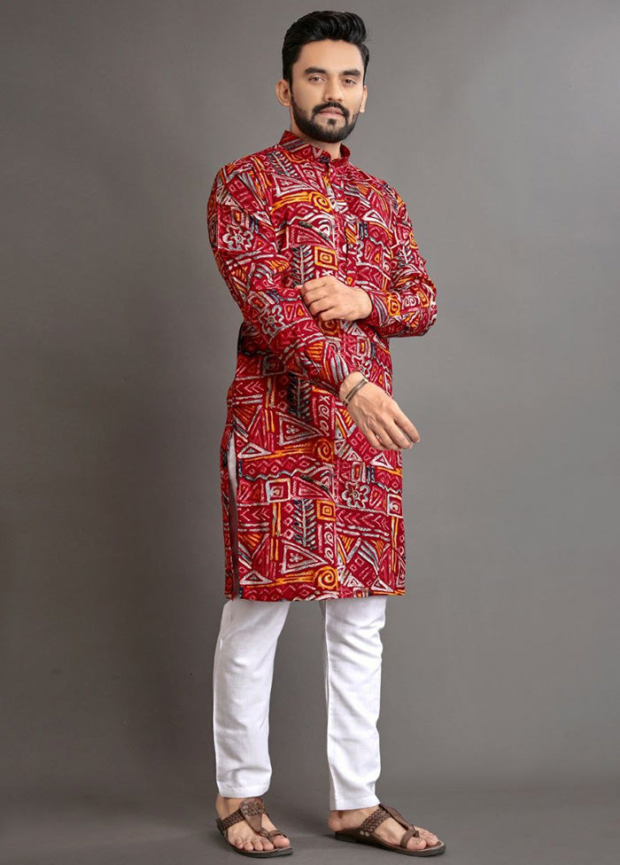 Red Cotton Kurta And Pajama Set