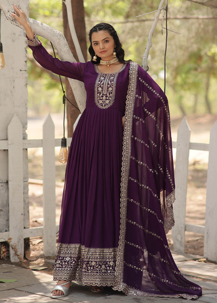 Purple Readymade Silk Dupatta Indian Dress