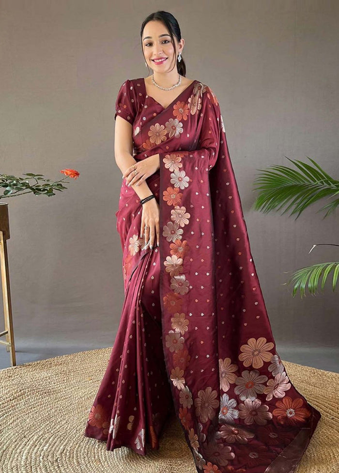 Maroon Banarasi Silk Saree With Blouse Piece