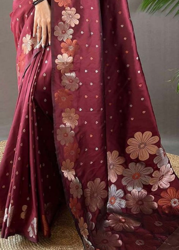 Maroon Banarasi Silk Saree With Blouse Piece