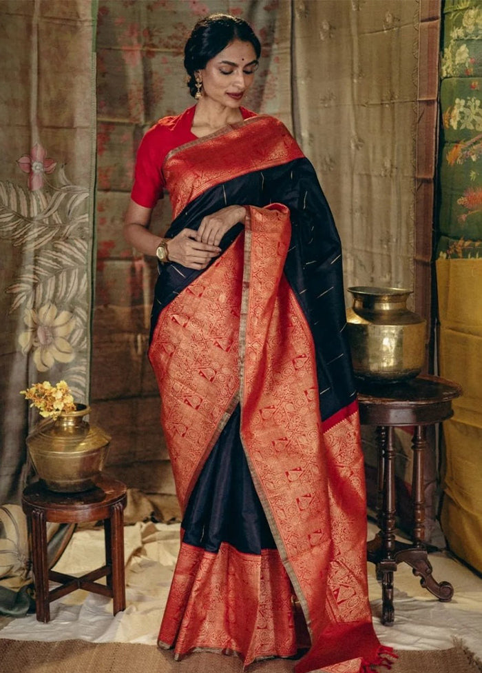 Black Banarasi Silk Saree With Blouse Piece