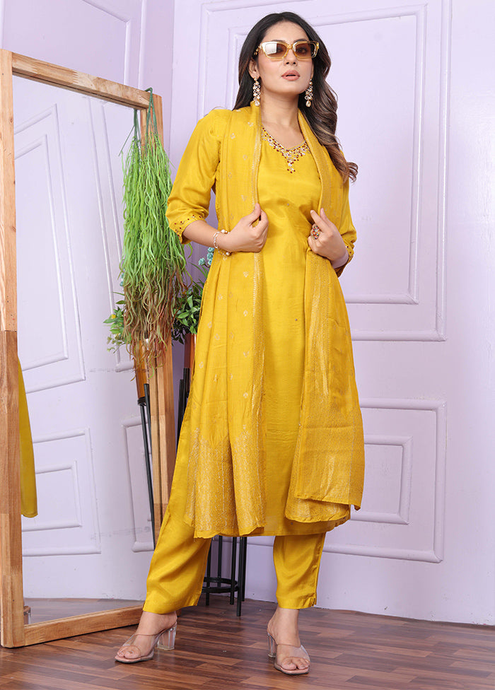 3 Pc Mustard Pure Readymade Viscose Suit Set