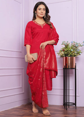 3 Pc Red Pure Readymade Viscose Suit Set - Indian Silk House Agencies