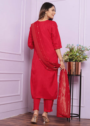 3 Pc Red Pure Readymade Viscose Suit Set - Indian Silk House Agencies