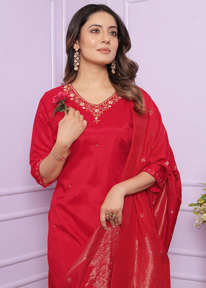 3 Pc Red Pure Readymade Viscose Suit Set