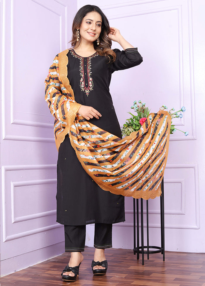 3 Pc Black Readymade Silk Suit Set