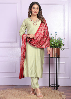 3 Pc Pista Green Readymade Silk Suit Set