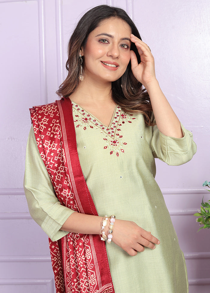 3 Pc Pista Green Readymade Silk Suit Set