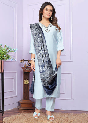 3 Pc Sky Blue Readymade Silk Suit Set