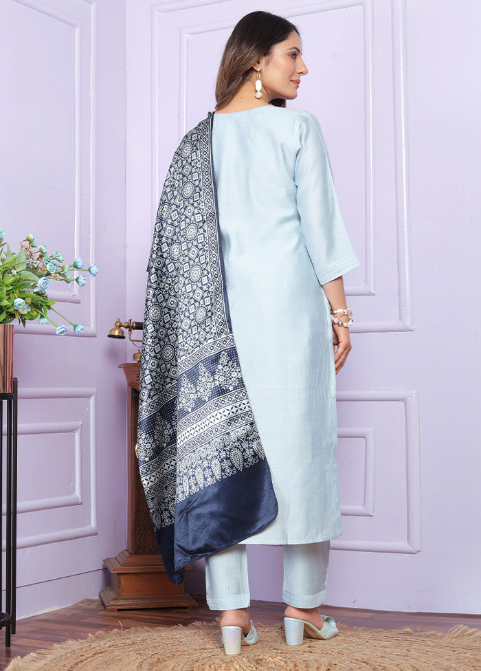 3 Pc Sky Blue Readymade Silk Suit Set