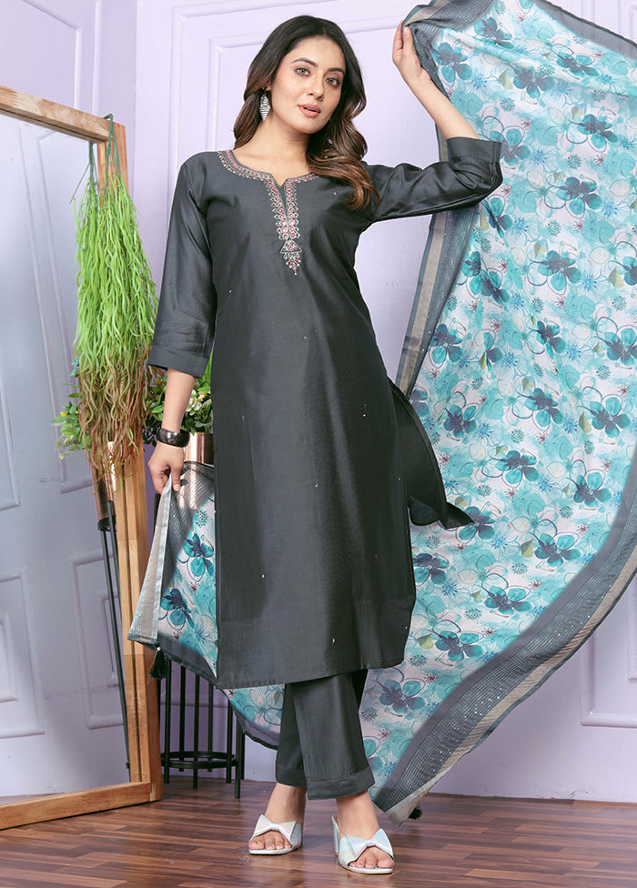 3 Pc Grey Readymade Silk Suit Set - Indian Silk House Agencies