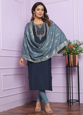 3 Pc Blue Readymade Silk Suit Set