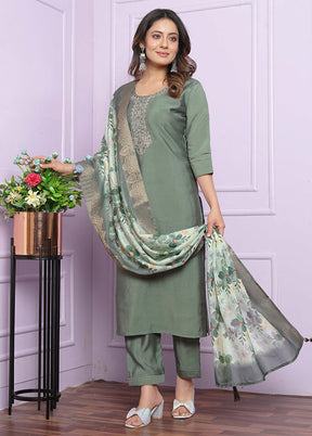 3 Pc Green Readymade Silk Suit Set - Indian Silk House Agencies