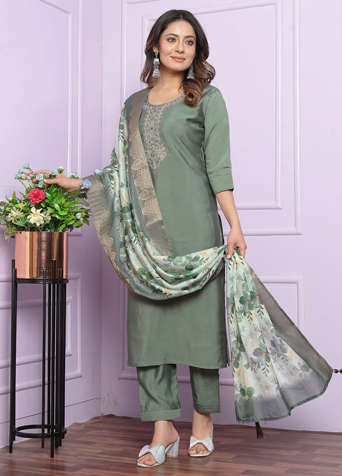 3 Pc Green Readymade Silk Suit Set - Indian Silk House Agencies
