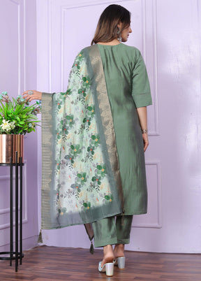 3 Pc Green Readymade Silk Suit Set - Indian Silk House Agencies