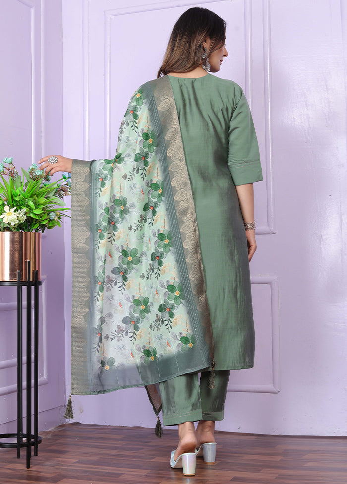 3 Pc Green Readymade Silk Suit Set - Indian Silk House Agencies