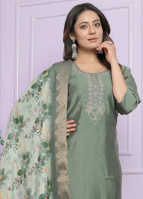 3 Pc Green Readymade Silk Suit Set - Indian Silk House Agencies