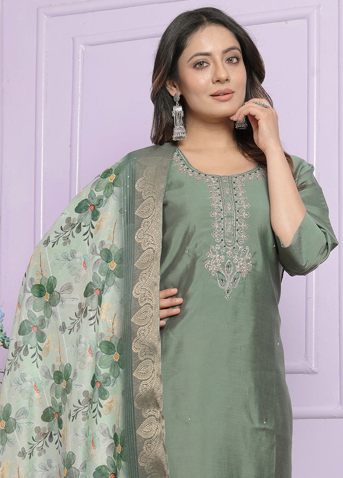 3 Pc Green Readymade Silk Suit Set - Indian Silk House Agencies