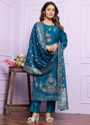 3 Pc Blue Readymade Silk Suit Set - Indian Silk House Agencies