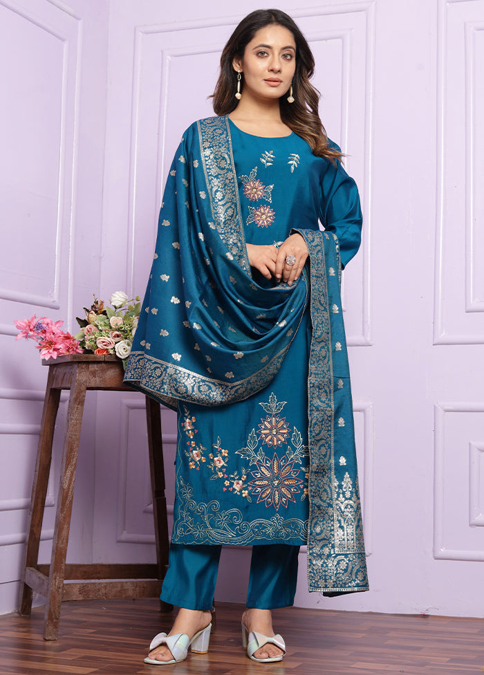 3 Pc Blue Readymade Silk Suit Set - Indian Silk House Agencies