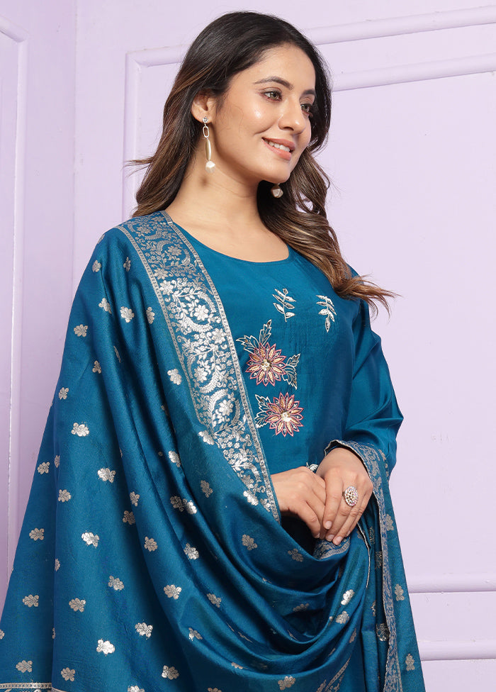 3 Pc Blue Readymade Silk Suit Set