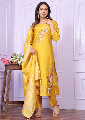 3 Pc Yellow Readymade Silk Suit Set