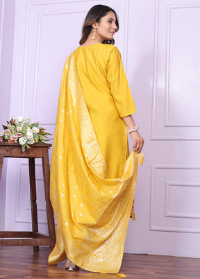 3 Pc Yellow Readymade Silk Suit Set