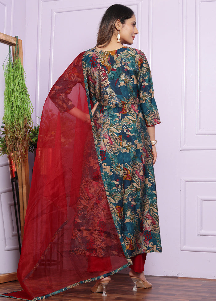 3 Pc Multicolor Readymade Silk Suit Set - Indian Silk House Agencies