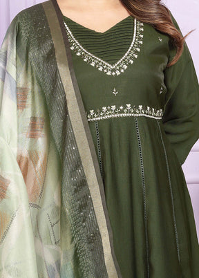 3 Pc Mehendi Green Readymade Viscose Suit Set