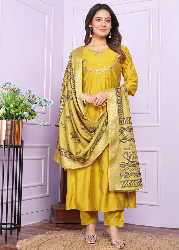 3 Pc Yellow Readymade Silk Suit Set