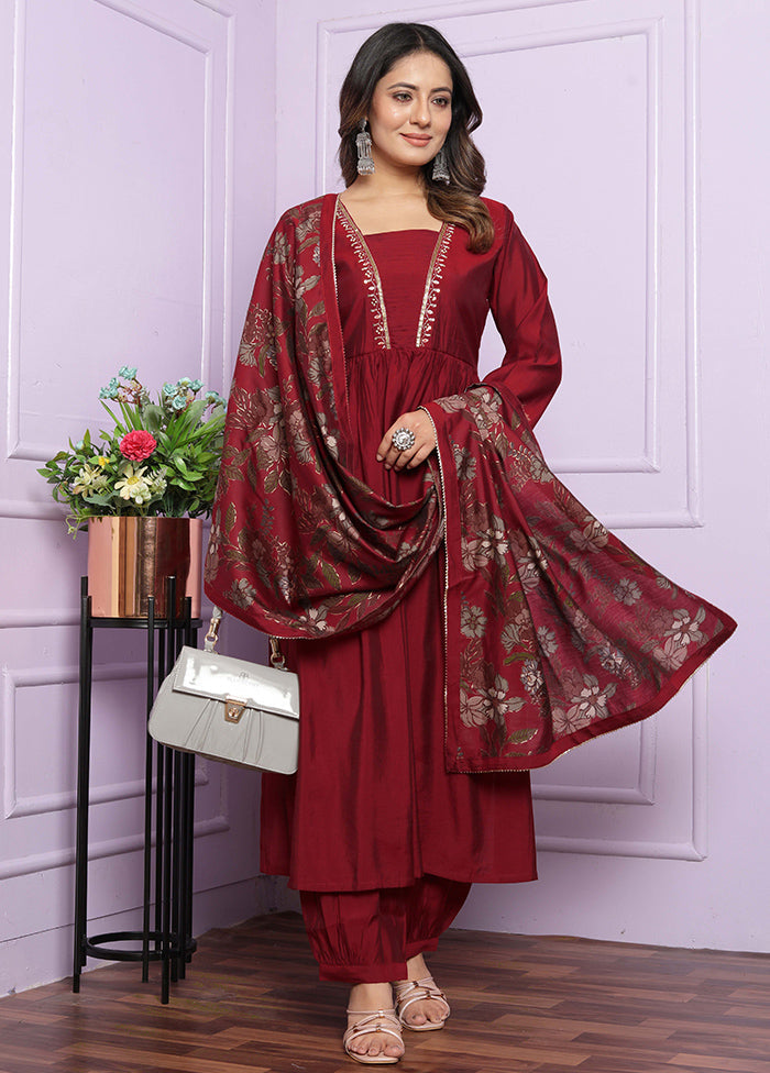 3 Pc Maroon Readymade Silk Suit Set - Indian Silk House Agencies