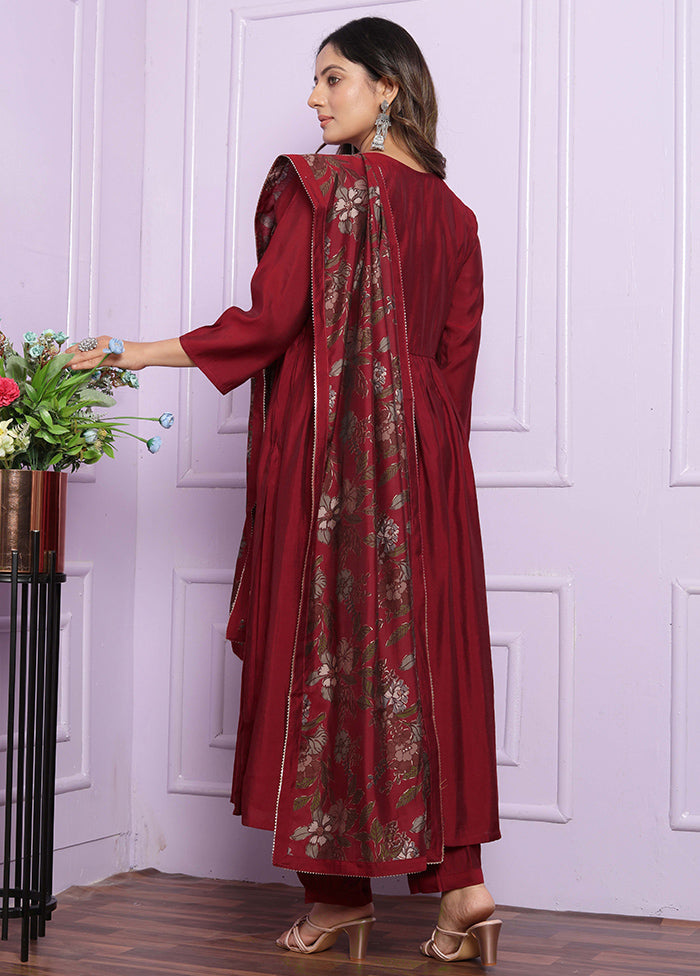 3 Pc Maroon Readymade Silk Suit Set - Indian Silk House Agencies