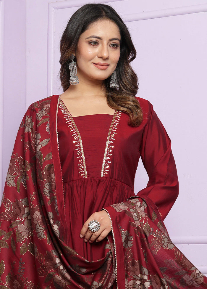 3 Pc Maroon Readymade Silk Suit Set