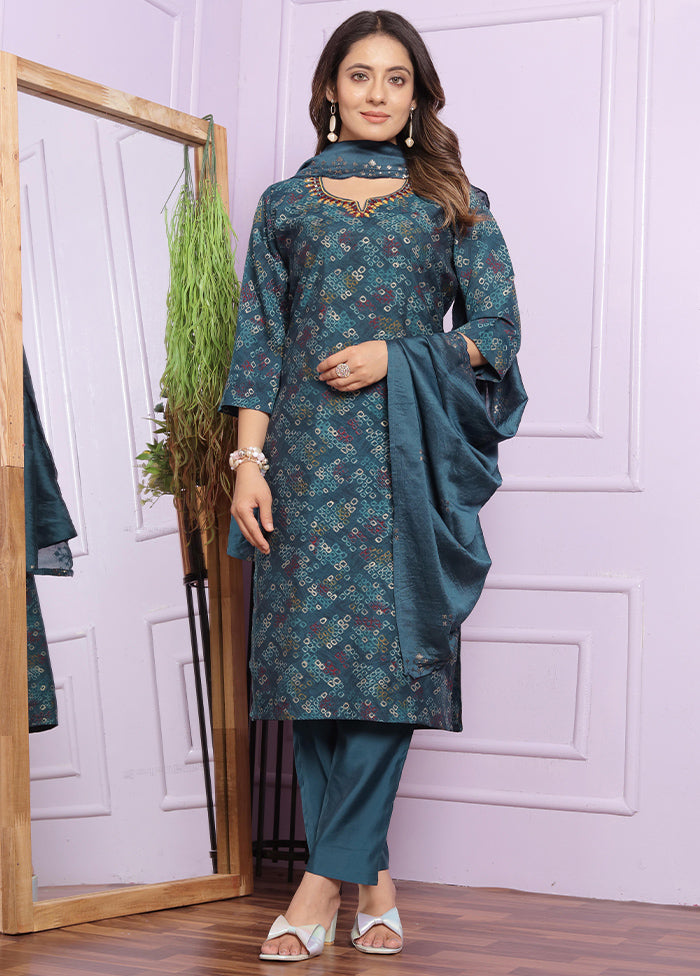 3 Pc Blue Readymade Silk Suit Set