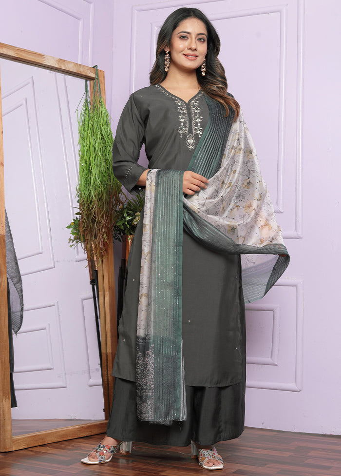 3 Pc Grey Readymade Silk Suit Set