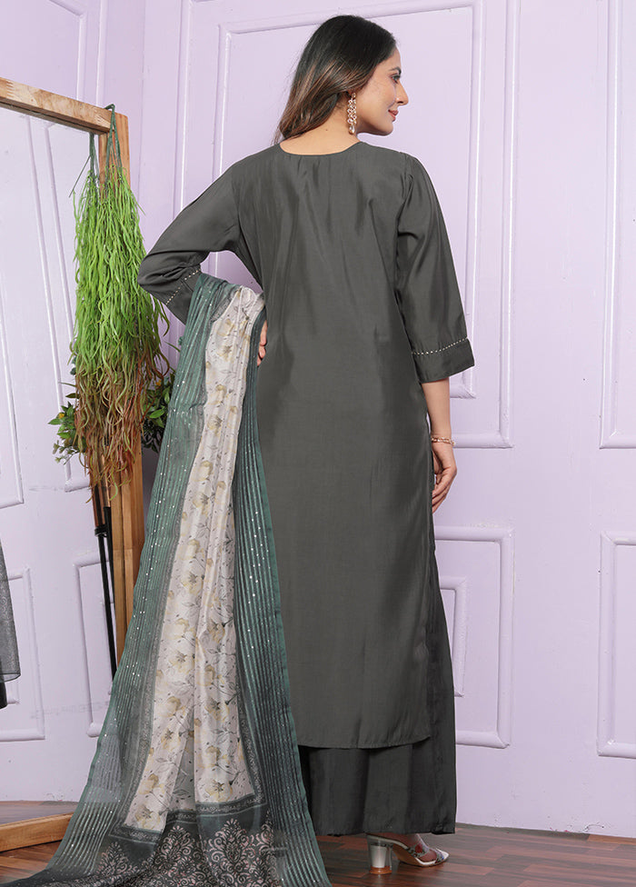 3 Pc Grey Readymade Silk Suit Set