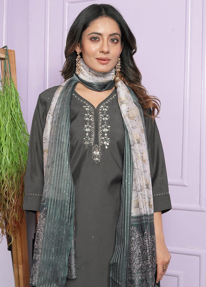 3 Pc Grey Readymade Silk Suit Set